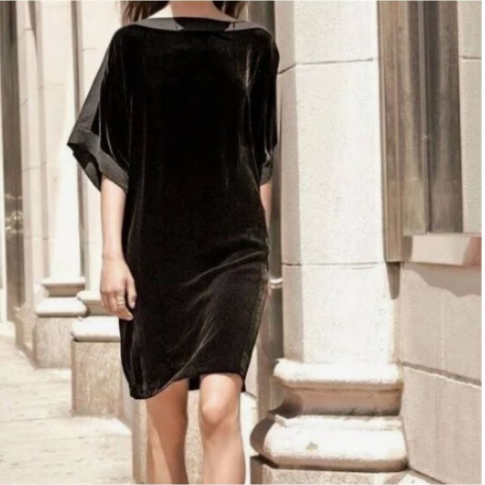 Eileen Fisher Bateau neck black velvet with silk trim shift dress size L